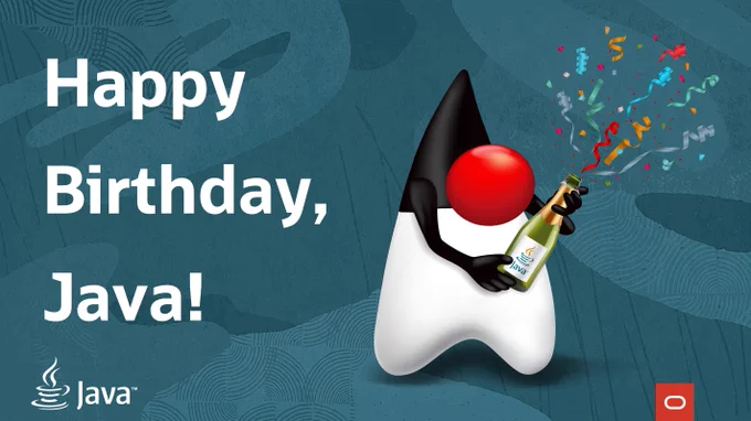 Duke the Java Mascot popping open a bottle of champagne that is spraying out ribboned confetti. The image message says "Happy Birthday, Java!"