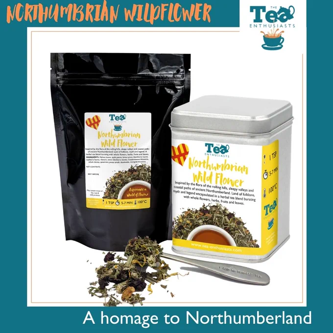A picture of a tin and pouch of northumberland wildflower tea. With a spoonful of the loose leaf tea at the front
