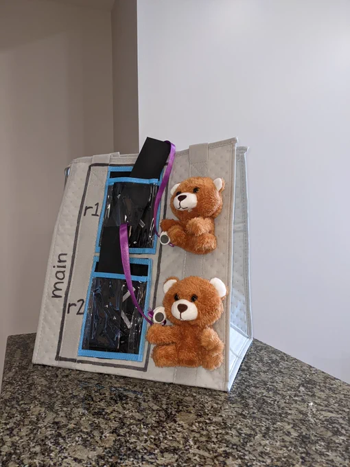 A grocery bag decorated to show an instructional memory model for a Java program involving two Bear objects, which are represented as stuffed teddy bears. 