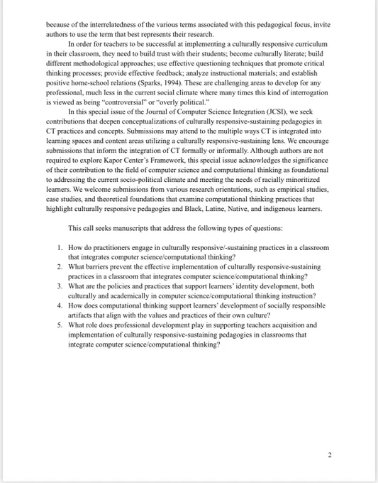 Second page of a call for manuscripts for a special issue in the Journal of Computer Science Integration
