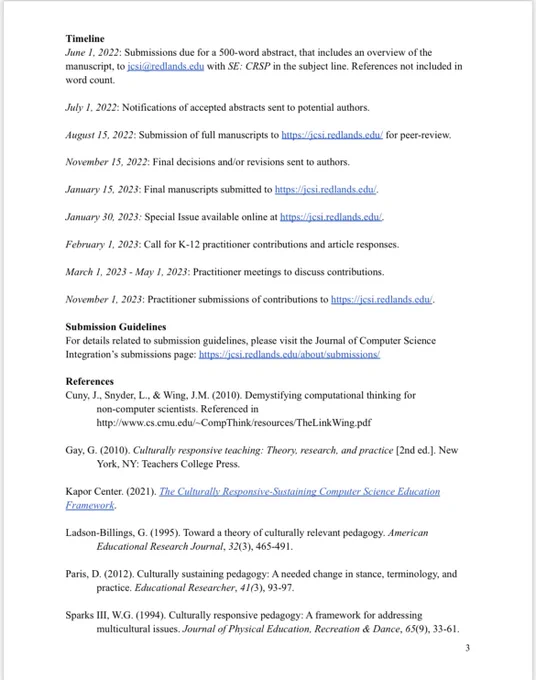 Third page of a call for manuscripts for a special issue in the Journal of Computer Science Integration