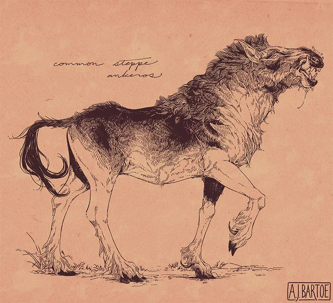 The first illustration from the previous set of boar-like horses but with the shading layer removed, leaving just a line drawing. This creature resembles a horse but with the tusks and wiry fur of a wild boar, and is labelled in cursive script as a "common steppe ankeros."