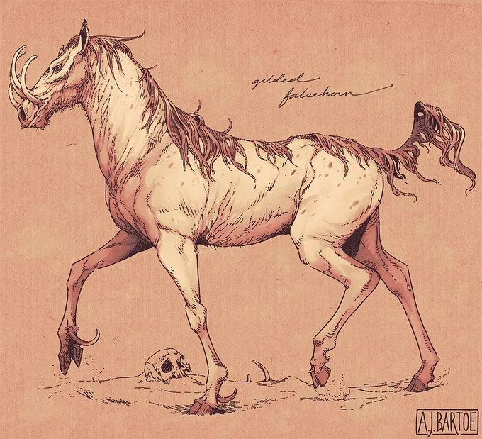 A third digital illustration of a porcine horse creature. This one has little body hair except for a mane down the full length of its spine, like a warthog's. It has four long arcing tusks, the central pair jutting through its skull like a babirusa's. It is labelled in cursive script as a "gilded falsehorn."