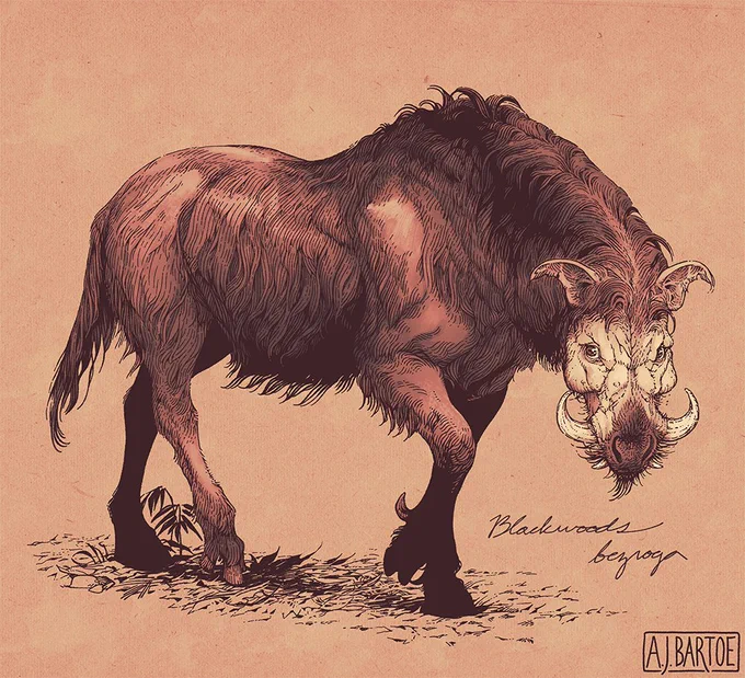 A digital illustration of another boar-like horse. This one has the long, dark fur and cragged face of a giant forest hog. It is labelled in cursive script as a "Blackwoods bezroga."