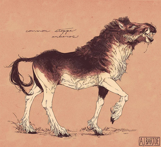 A digital illustration of a horse-like animal with curved tusks and wiry fur like a wild boar. It is rendered in sepia tones to resemble an ink and gouache drawing on aged parchment. It is labelled in cursive script as a "common steppe ankeros."
