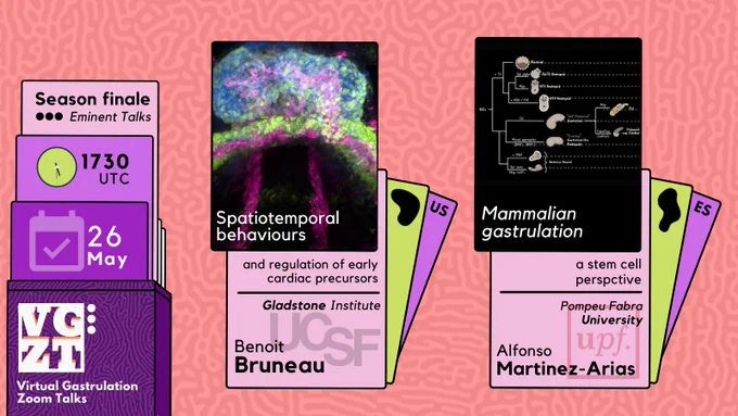 The talks would be held this thursday - at 1730 UTC. Speakers are Benoit bruneau - who'd talk about spatiotemporal behaviour in early cardiac progenitors, and Alphonso Martinez-Arias would talk about mammalian gastrulation from a stem-cell perspective.