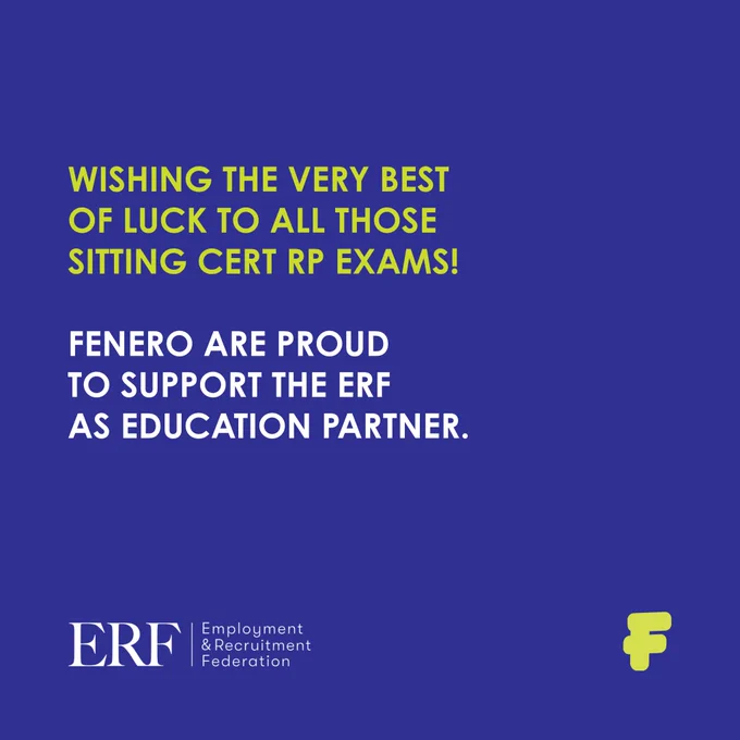 [Image description: On a purple background, text in yellow and white, capital letters reads: Wishing the very best of luck to all those sitting Cert RP exams! Fenero are proud to support the ERF as Education Partner.]