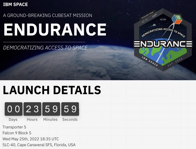 Website of the ENDURANCE CubeSat mission (https://endurancein.space/) showing a count-down at 00 days, 23 hours, 59 minutes, and 59 seconds.
