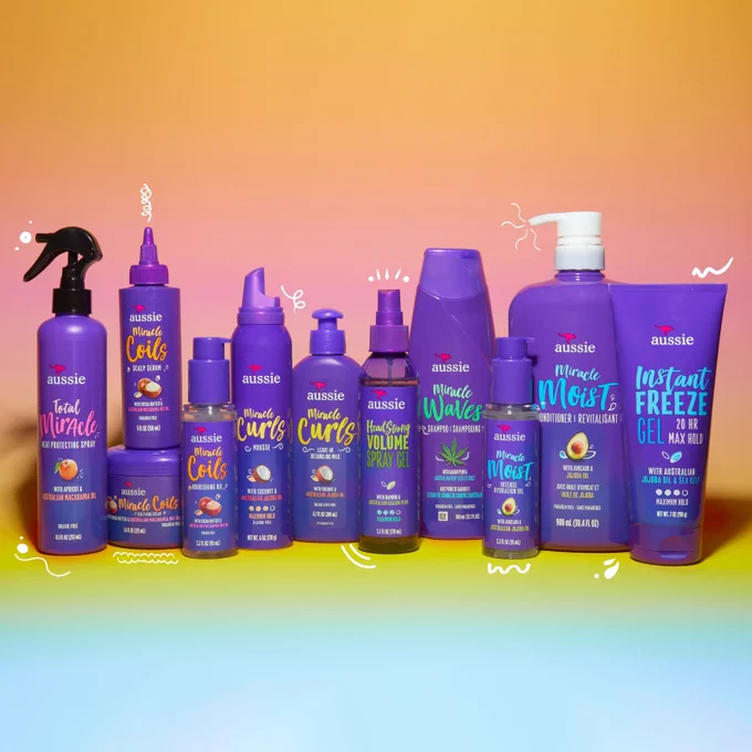 Aussie lineup from every product line on rainbow background