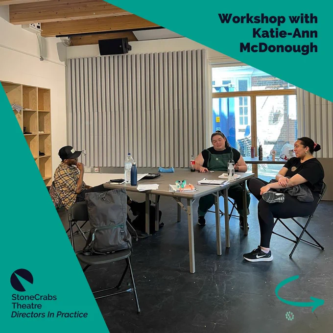 A square which has a teal background with a spotlight shining from the upper left corner which has a photo in it. The photo is of a group of 3 people sitting around a square white table. A teal arrow in the bottom right corner points right. Dark indigo text in the upper right corner reads: Workshop with Katie-Ann McDonough.