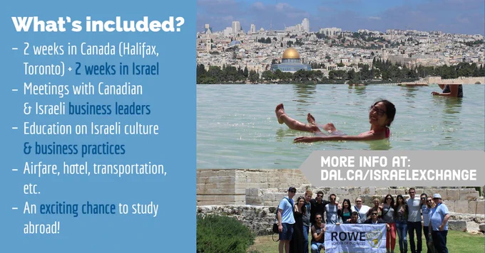 Top displays a city in Israel. Middle displays a person riding on a tube at a swimming pool. Bottom displays a group of students/staff representing the Rowe School of Business flag behind a site of tour.
