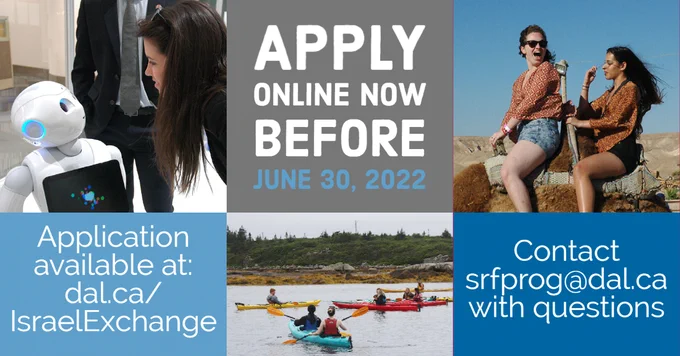 Top left displays a student staring at a artificial robot. Top right displays two students riding on camel's back. Bottom middle displays a group of students canoeing in the river.