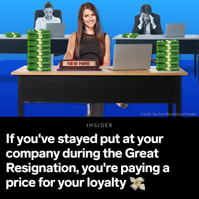 A photo illustration of a woman sitting at a desk with a new hire sign with a lot of money, with two employees with less money in the background. Text reads, “If you’ve stayed put at your company during the Great Resignation, you’re paying a price for your loyalty.”