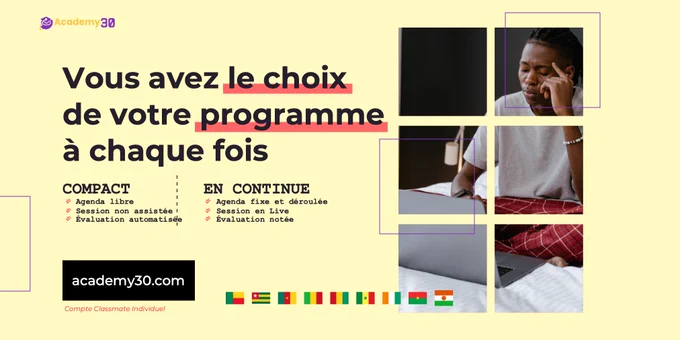 ACADEMY30.COM — Choix de 2 type de programmes pour formation e-learning en français en Afrique