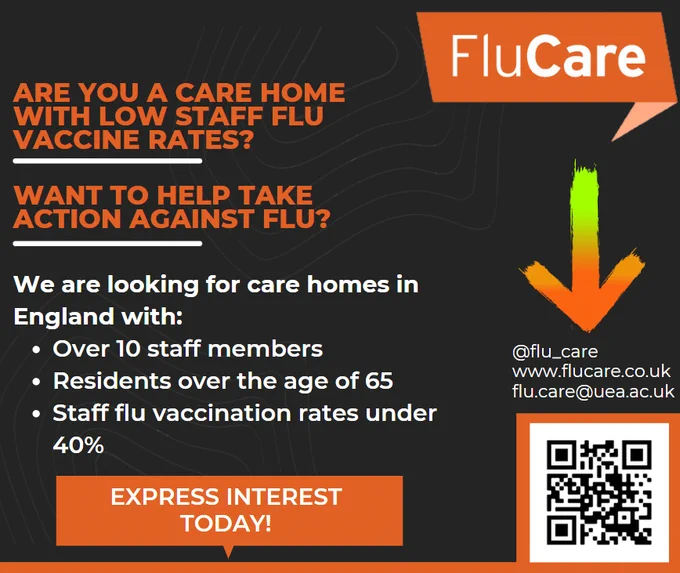 FluCare trial poster asking care homes in England to participate if they have over 10 staff members, residents over the age of 65, and a staff flu vaccination rate under 40%. Visit www.flucare.co.uk to express interest.