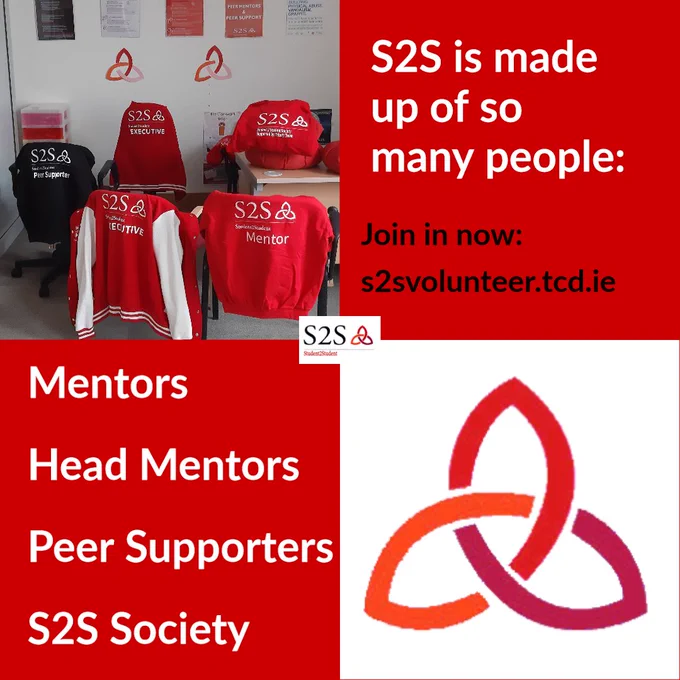 Four secions, two with text saying: S2S is made up of so many people: Join in now: s2svolunteer.tcd.ie Mentors, Head Mentors, Peer Supporters S2S Society. The images are the S2S logo and a shot of the different S2S hoodies on the backs of chairs.