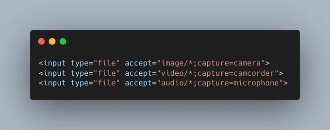 <input type="file" accept="image/*;capture=camera">
<input type="file" accept="video/*;capture=camcorder">
<input type="file" accept="audio/*;capture=microphone">