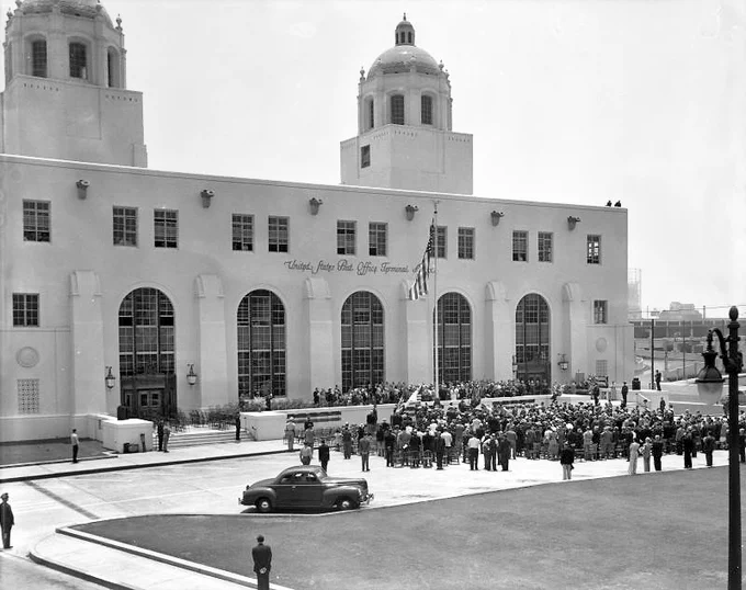 View of the grand opening ceremonies of the Post Office Terminal Annex that took place on May 27, 1940. The Annex is located at 900 N. Alameda Street, Los Angeles, CA 90012. Photograph dated 1940.