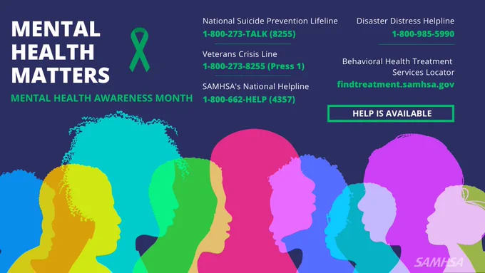 Mental Health Matters
Mental Health Awareness Month
National Suicide Prevention Lifeline 1-800-273-TALK (8255)
Veterans Crisis Line 1-800-273-8255 (Press 1)
SAMHSA's National Helpline 1-800-662-HELP (4357)
Disaster Distress Helpline 1-800-985-5990
Behavioral Health Treatment Services Locator
findtreatment.samhsa.gov
help is available
