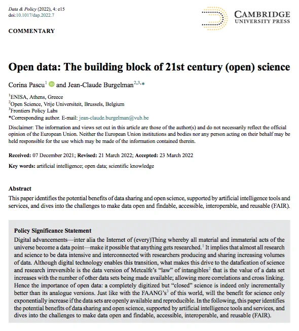 Image of the title, authors and abstract of the article Open data: The building block of 21st century (open) science