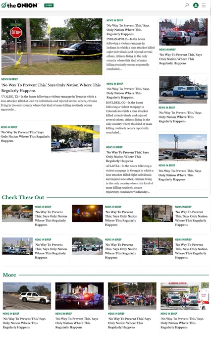 The front page of The Onion satirical website where every article has the headline: "No Way to prevent this says only nation where this regularly happens." Locations for each article are locations of mass shootings in the past year.