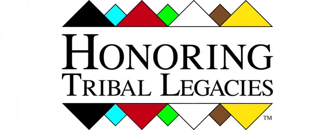 Logo that reads “Honoring Tribal Legacies” in black text on white background with multi-colored triangles and rhombuses 