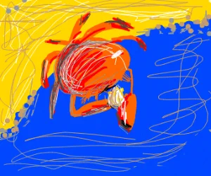 the picture is a drawing of  a crab eating an onion. as incredible at it might seem, we managed to find someone that had drawn this. initially we thought that the background (yellow and blue) had something to do with the flag from ukraine, but it seems it does not...