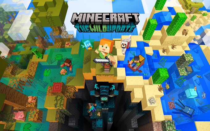 Art work for The Wild Update. Alex stands in the center holding a sword to the sky, surrounding by the allay, with a cookie, and a tamed wolf. To her left is another character in a boat with a chest, in a warm biome. To her right is a third character in a mangrove swamp with a frog. Below her Steve is in the Deep Dark with the warden.