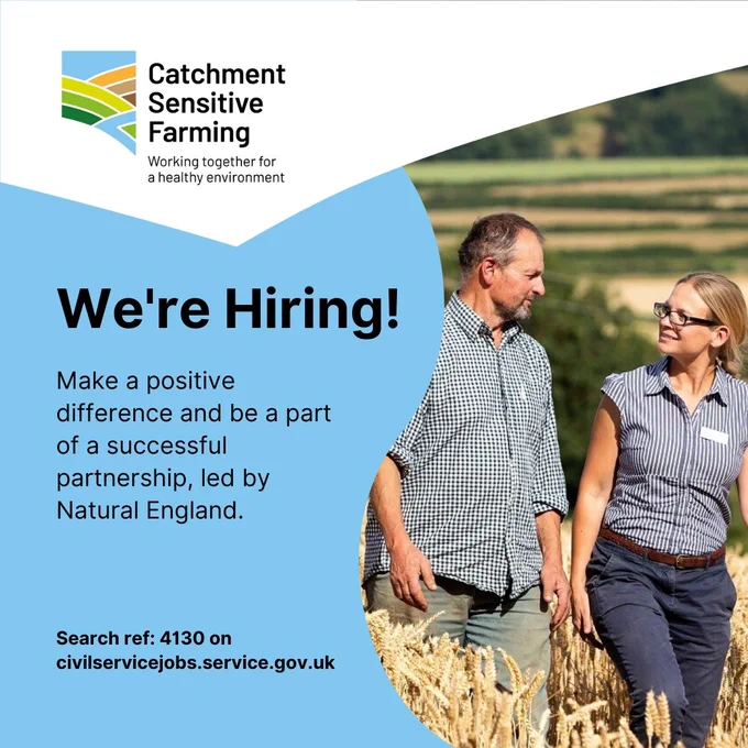 Job advert picture for Catchment Sensitive Farming showing a man and a woman walking through an arable field.