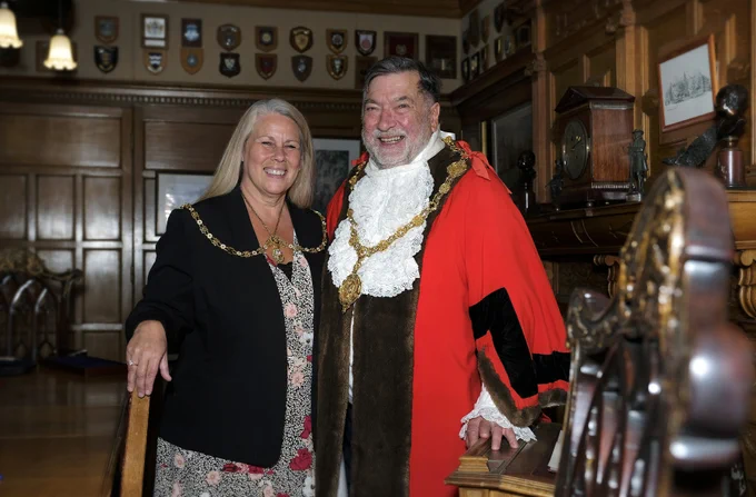 Picture of the Mayor and Mayoress of the borough of Scarborough in the Mayor's parlour at the Town Hall.