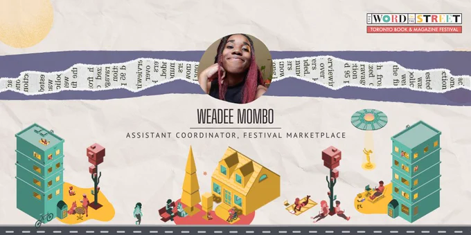 This graphic features an illustrated scene of a street in the bottom half with an image of Weadee Mombo, Assistant Coordinator Festival Marketplace above it. Behind Weadee's photo is a banner with a torn newspaper effect, and below it is a text box with his name and role. The graphic is bright and cheerful, and the background has a crumpled paper effect.