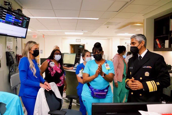 U.S. Surgeon General Vivek Murthy meets with health workers and hospital leadership at Grady Hospital.
