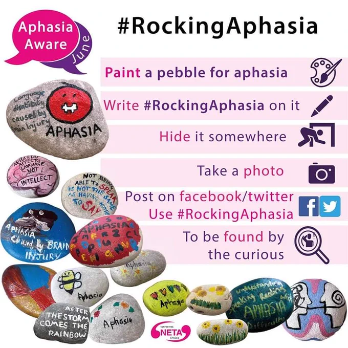#RockingAphasia 
Paint a pebble for aphasia
Write #RockingAphasia on it
Hide it Somewhere 
Take a photo
Post on Facebook/Twitter using #RockingAphasia 
To be found by the curious