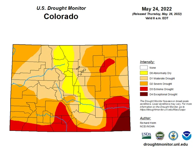 U.S. Drought monitor plotted across the state of Colorado. Portions of far southern Colorado are in extreme to exceptional drought. The vast majority of the state is at least in moderate drought although the central mountains are just abnormally dry. 