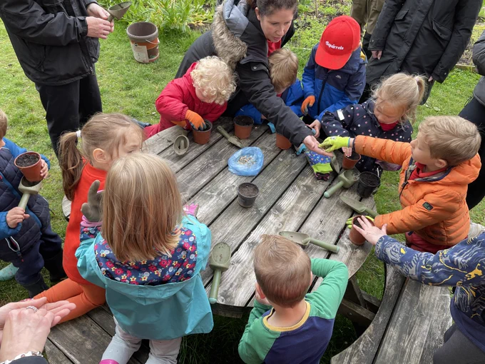 Squirrels Scouts planting pea seeds. 