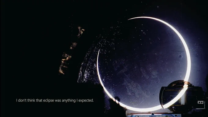 A ring of light against a dark blue background. A caption at the bottom of the image reads "I don't think that eclipse was anything I expected."
