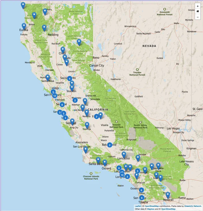 Map of California showing Outdoor Equity Project grant locations distributed widely from north to south