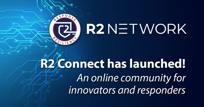 R2 Network logo; connection illustration; "R2 Connect has launched! An online community for innovators and responders;"