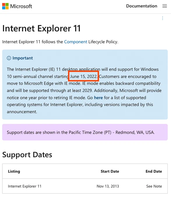 The Internet Explorer (IE) 11 desktop application will end support for Windows 10 semi-annual channel starting June 15, 2022. Customers are encouraged to move to Microsoft Edge with IE mode. IE mode enables backward compatibility and will be supported through at least 2029. Additionally, Microsoft will provide notice one year prior to retiring IE mode. Go here for a list of supported operating systems for Internet Explorer, including versions impacted by this announcement.