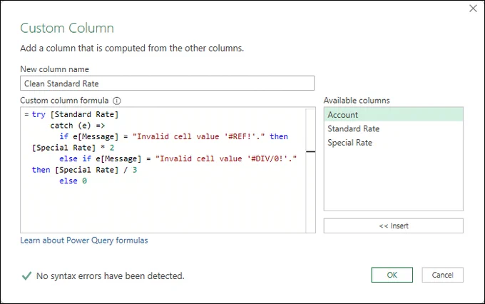 Power Query Custom Column dialog showcasing a formula using the catch keyword in a try catch statement 