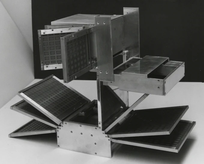CBI Image of the Day. Black and white square photo. In 1966 the portable Control Data CDC 5500 Computer System, with modules unfolded. Arithmetic, I/D, Memory Selection, & Senses.  This portable system was designed by CDC for the U.S. military and came with a hard shell protective carrying case.
