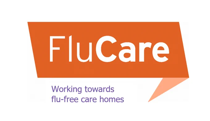 The FluCare logo: An orange box with FluCare written in white in the middle and a tagline reading 'working towards flu-free care homes' underneath in purple. 