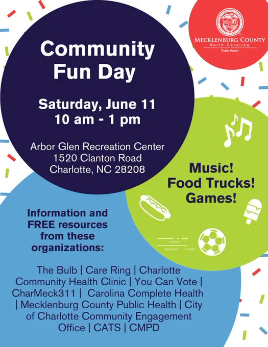 Rendering of a flyer for a Community Fun Day. It has bright color circles over top bright color sprinkles. The Flyer describes the Community Fun Day as Saturday June 11 from 10:00am - 1:00pm. It will have music, food trucks, and games. It will have information and free resources from these organizations: The Bulb, Care Ring, Charlotte Community Health Clinic, You Can Vote, CharMeck311, Carolina Complete Health, Mecklenburg County Public Health, City of Charlotte Community Engagement Office, CATS, and CMPD. It will be at Arbor Glen Recreation Center 1520 Clanton Road Charlotte, NC 28208. It is hosted by Mecklenburg County North Carolina Public Health.