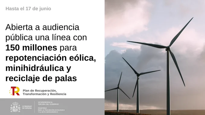 El MITECO abre a audiencia pública una línea con 150 millones para repotenciación eólica, minihidráulica y reciclaje de palas