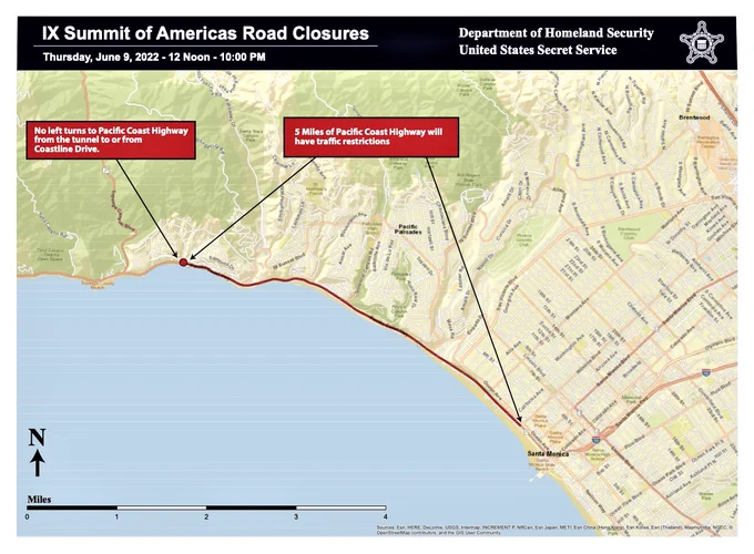 Map of State Route 1 southbound (Pacific Coast Highway) showing planned left lane closure in the Pacific Palisades area from noon, Thursday, June 9 until 10 PM. Caltrans announced the left lane will be closed for that 10 hour period from Coastline Drive -- south of Topanga Canyon Boulevard -- to the McClure Tunnel (Santa Monica) to allow for emergency vehicles related to the Summit of the Americas. 