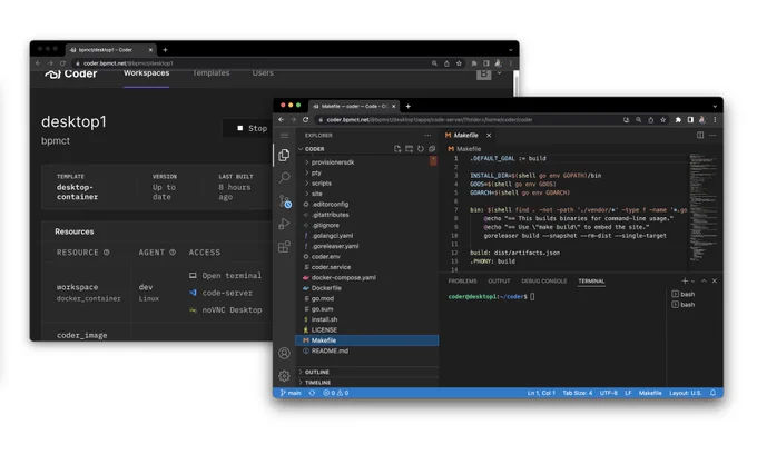 two screenshots: first of desktop1 with Coder dashboard and second of vscode in the browser