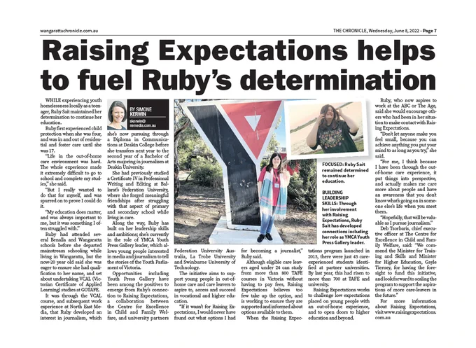 A screenshot from an article published in The Chronicle, titled 'Raising Expectations helps to fuel Ruby's determination.'