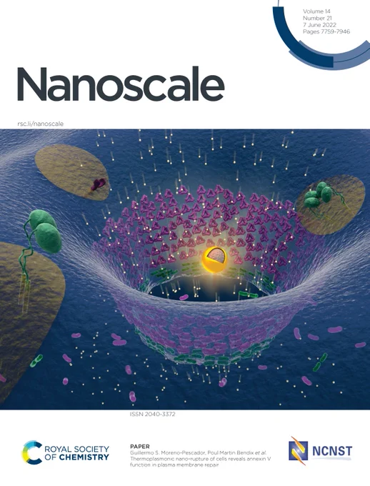 Navy background with illustration of nanoscopic hole in cell plasma membrane