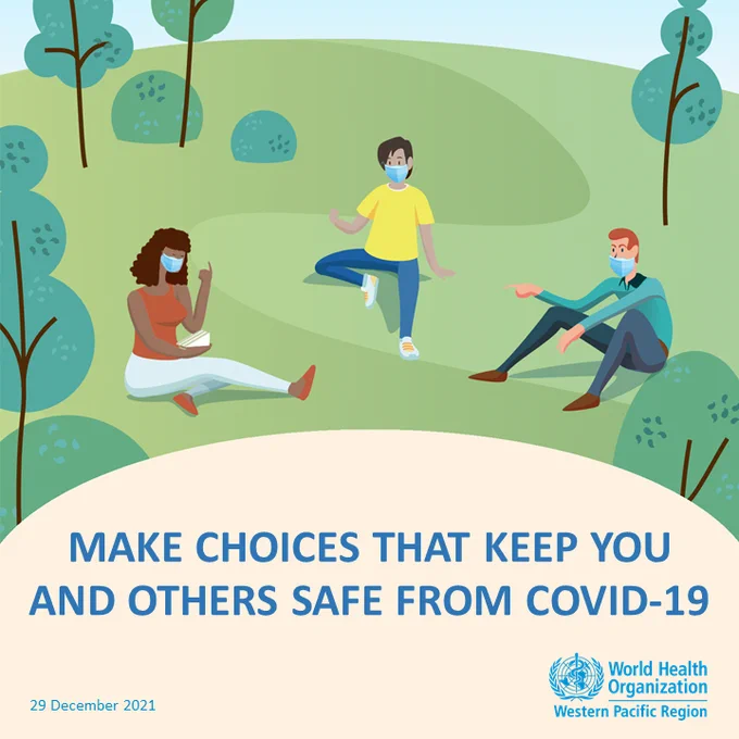 Illustration of people with text that says make choices that keep you and others safe from COVID-19