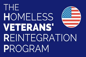 Graphic with a dark blue background with the words "The Homeless Veterans' Reintegration Program" written in white down the left side to spell out HVRP. A flag graphic in a circle is on the upper right hand side. 